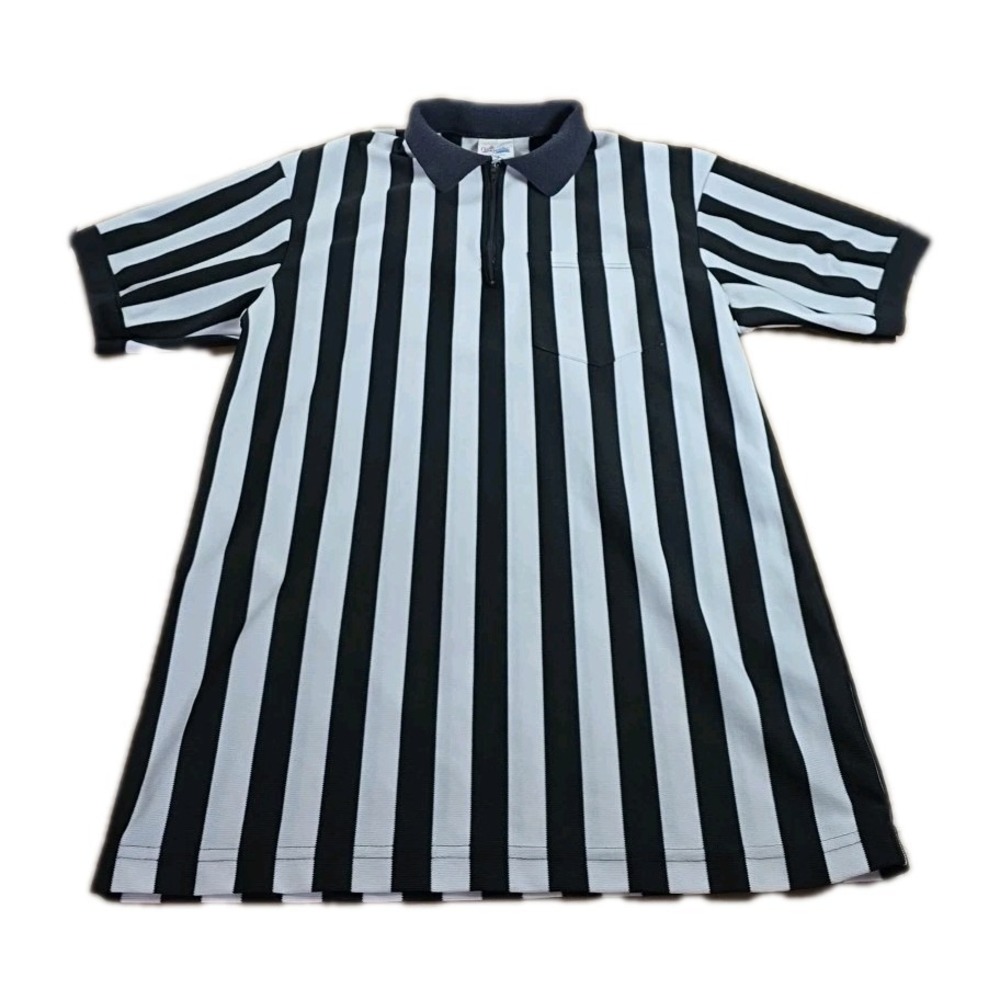 Vintage 90s Majestic Mens Medium Zebra‎ Striped Collared Ref Referee Jersey USA